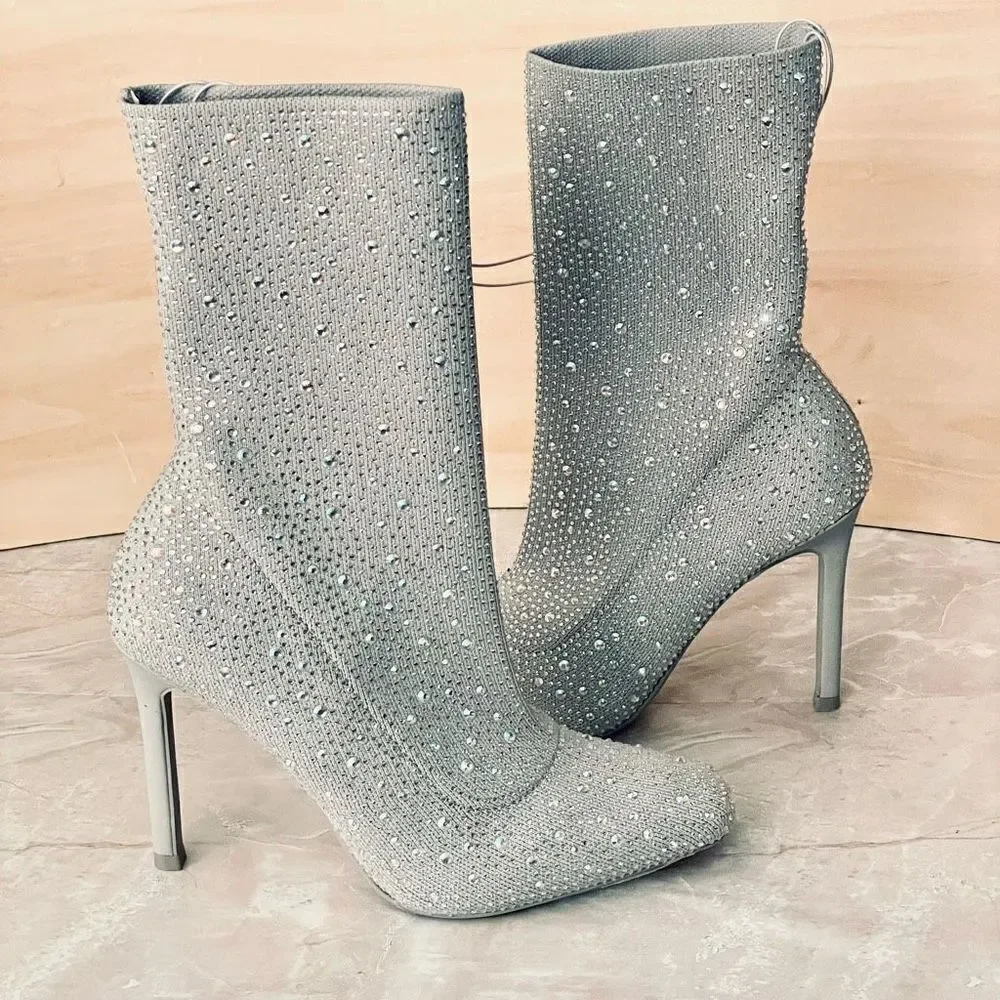 NWT Metropolitan View 10 Karra Rhinestone Sparkly Silver Ankle Stretch Booties